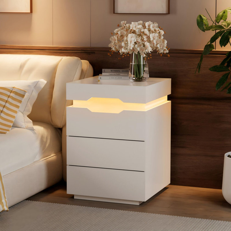 Table de chevet avec station de charge sans fil, lumière DEL et 2 tiroirs Emmakay, 3, Individuel