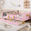 Lit plateforme double rose avec tiroirs de rangement, structure en bois massif, rail et tablette pour garde-corps en pin