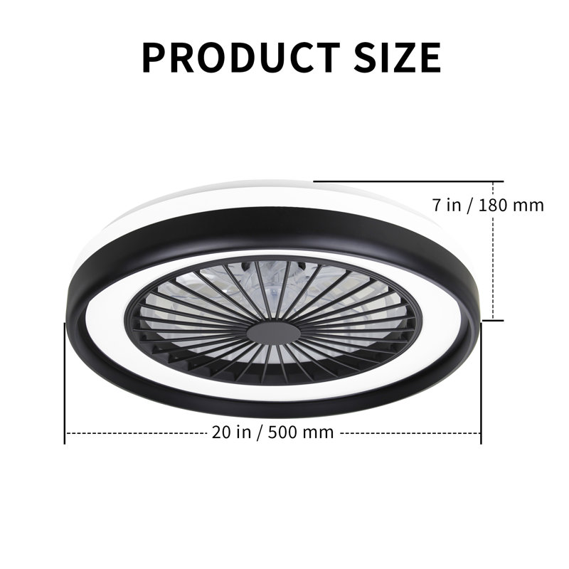 Ventilateur de plafond sans lame intelligent de 20 po avec lumière à changement de couleur RVB, DEL moderne à profil bas à intensité variable pour chambre à coucher, salon en noir