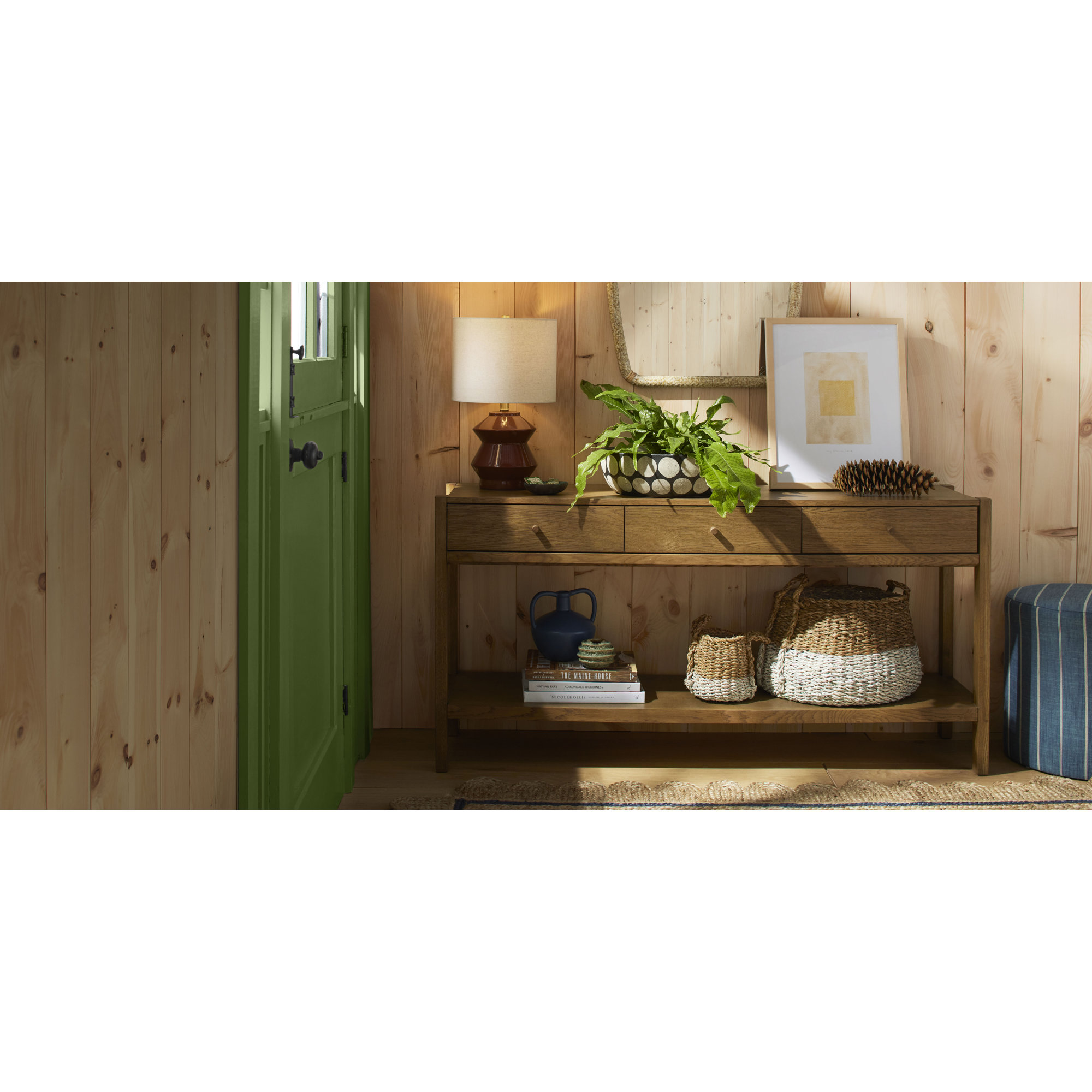 Epaulette Upholstered Ottoman, Fritz Indigo Stripe