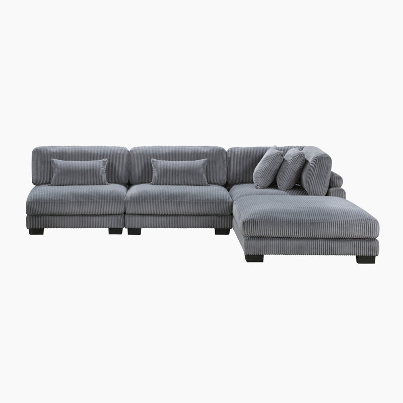 Lintz 135" Modern Modular Sectional with Corduroy Fabric, Adjustable Backrest & 4 Pillows, Gray Corduroy