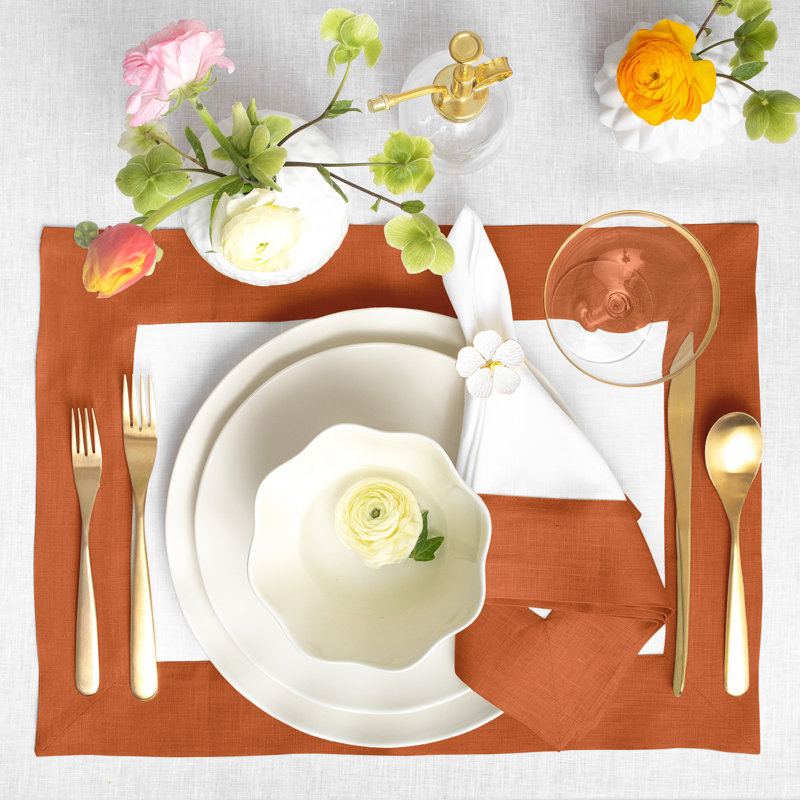 Contempo - 100% Pure Linen Dinner Napkins, Cinnamon/White