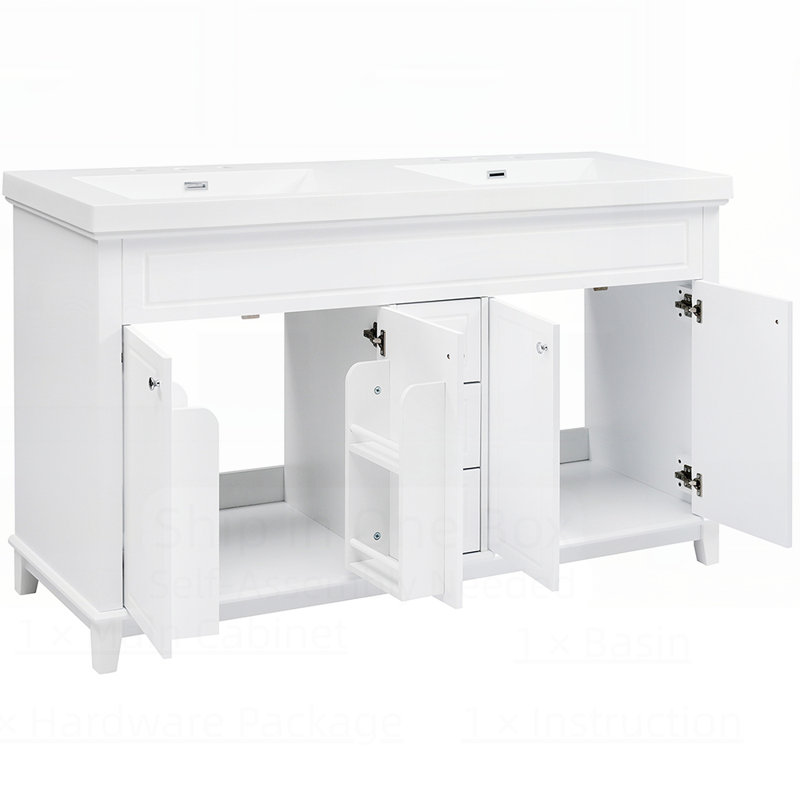 Meuble-lavabo avec lavabo double en résine, 3 tiroirs, 4 portes et mécanisme de fermeture en douceur pour les salles de bain de taille moyenne à grande