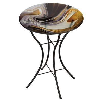 23" Glass Bird Bath with Abstract Swirl Design Bowl and Metal Stand