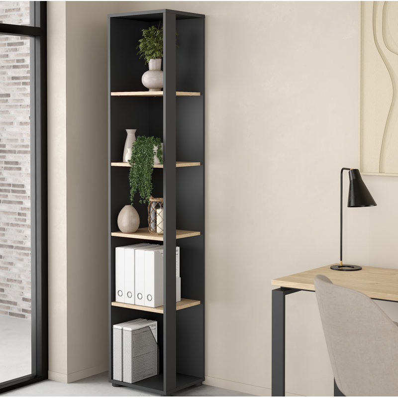 Embrie 16.89" W 5-Tier Manufactured Wood Bookcase, Matte Gray/Jackson Hickory
