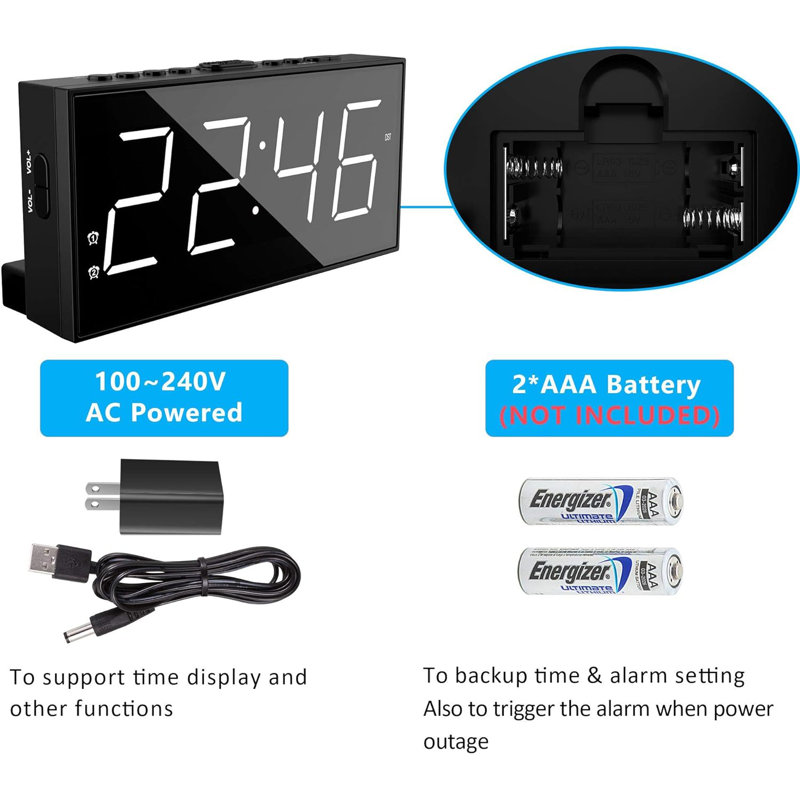 Réveille-matin pour la chambre à coucher, 2 alarmes bruyantes avec grand affichage à DEL, horloge numérique de base simple avec port de charge USB, volume réglable, intensité variable, sommeil pour enfants qui dorment au bureau à domicile