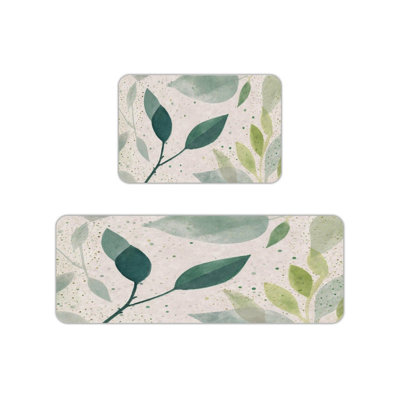 Watercolor Green Leaf Print Kitchen Mats for Kitchen & Calm Decor, Green Beige 2 Pack