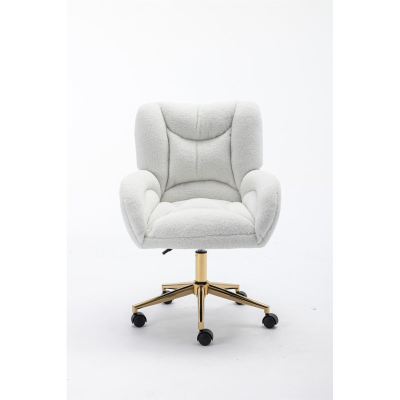 Teddy Fabric 360 Swivel Home Office Chair With Gold Metal Base And Universal Wheels, Ivory
