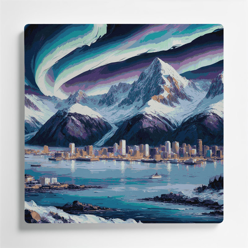 Art mural gris avec villes en Alaska, H 32 po x l 32 po