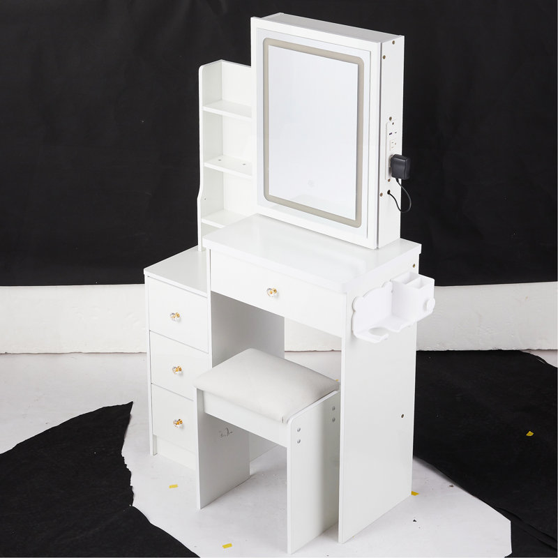 Petite coiffeuse 29,2 po avec tabouret de chevet gauche + tabouret rembourré, 2 blocs d'alimentation CA + 2 ports USB, support pour sèche-cheveux, très grand miroir à DEL coulissant à contrôle tactile, changement de couleur tricolore, réglage de la luminosité