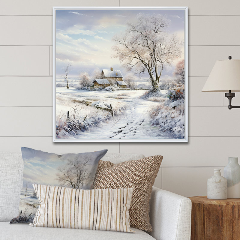 «Farmhouse Snow Winter Scenery» - art mural neige, H 24 po x l 24 po x P 1 po, Cadre flottant blanc