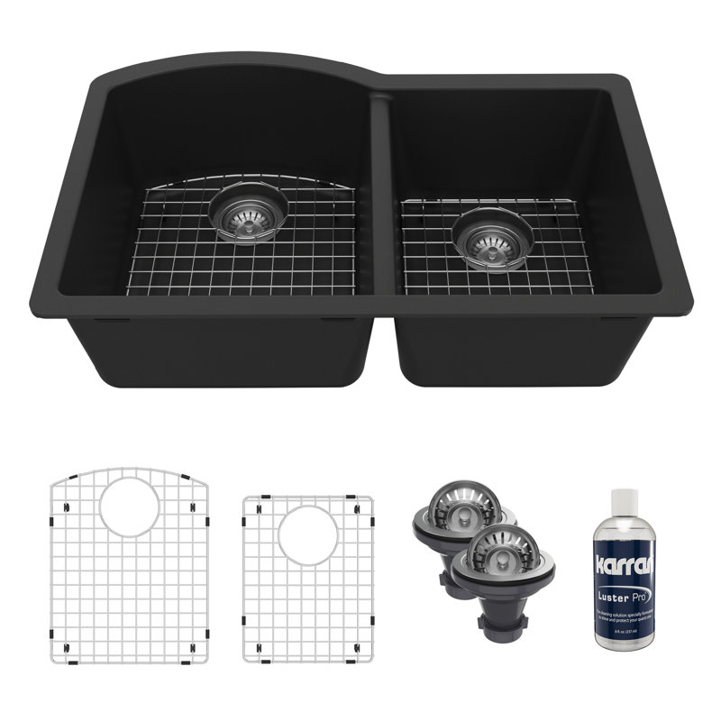 Karran Quartz 32'' X 21'' Double Bowl 60/40 Undermount Kitchen Sink Kit, Black