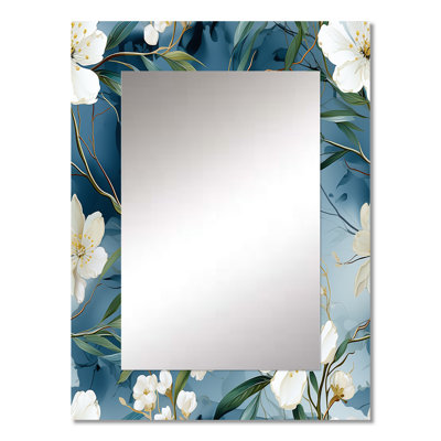Zakeyia Magnolias Vein White And Blue Marble Pattern - marble  Large Mirror, Abstract Unique Wall Mirror Decor, Printed Metal Art