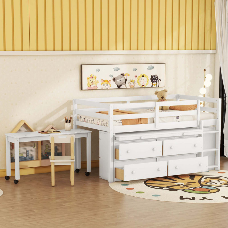 Henorel Kids Loft Bed with Desk, Dresser and Bookcase, Gray, Twin