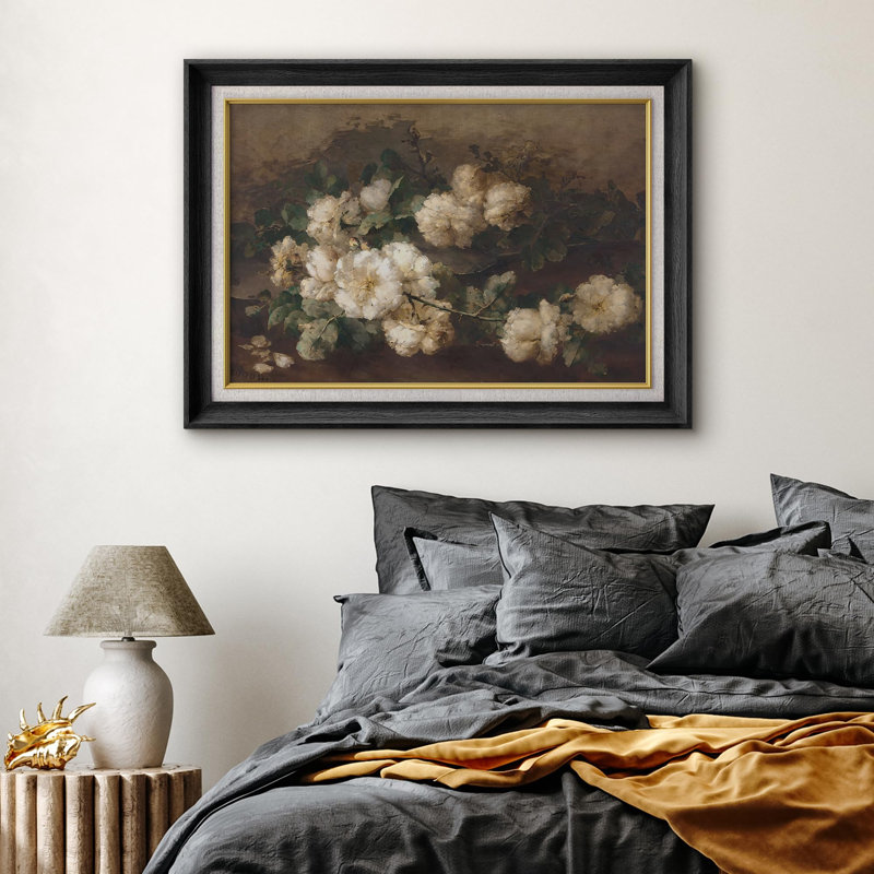 Fleur de jardin rétro, botanique floral blanc, impression sur papier, Impression encadrée sans passe-partout, Noir