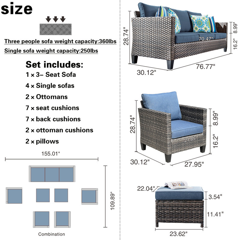 Kaniha Wood Premium All-Weather Wicker 7 - Person Patio Conversation Set with Cushions, Demin Blue