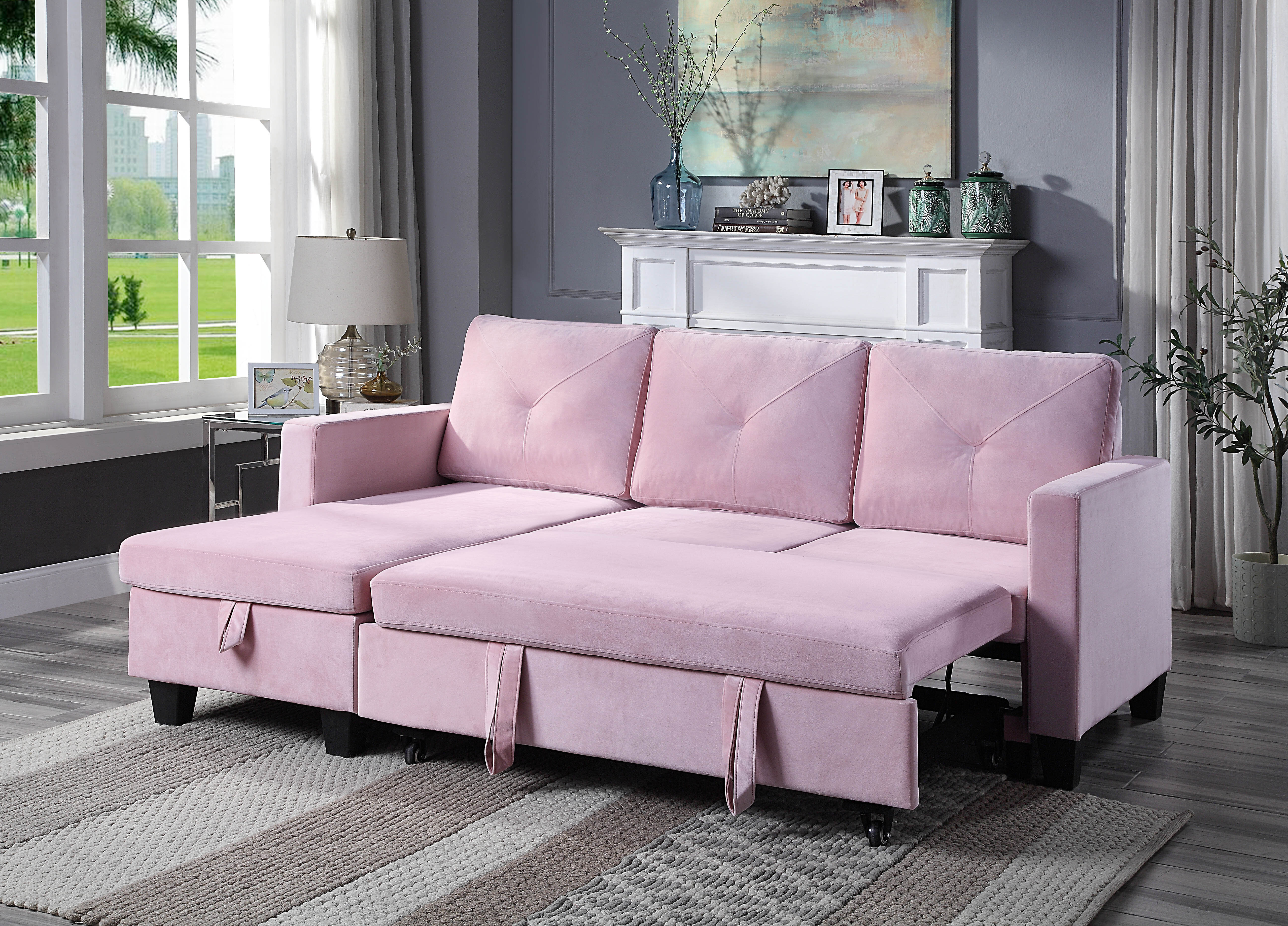 Real Photo Of A Pink Couch With Pillows Standing Next To Big