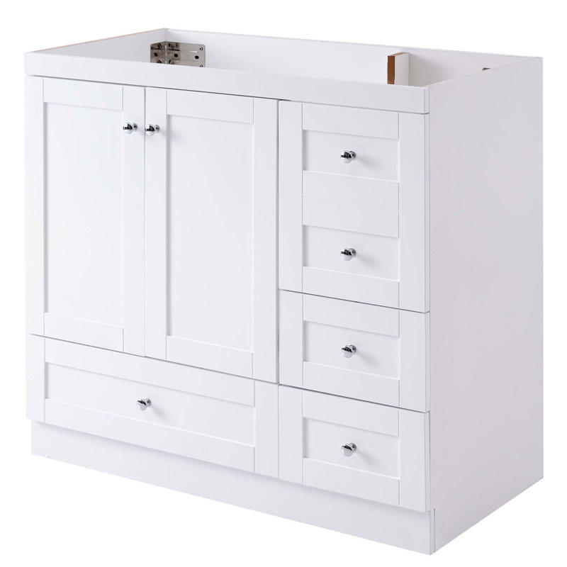Ce meuble-lavabo de 36 po avec 4 tiroirs et deux solutions de rangement spacieuses comprend 3 tailles de tiroir différentes et des tiroirs à fermeture en douceur pour plus de commodité (lavabo non inclus)