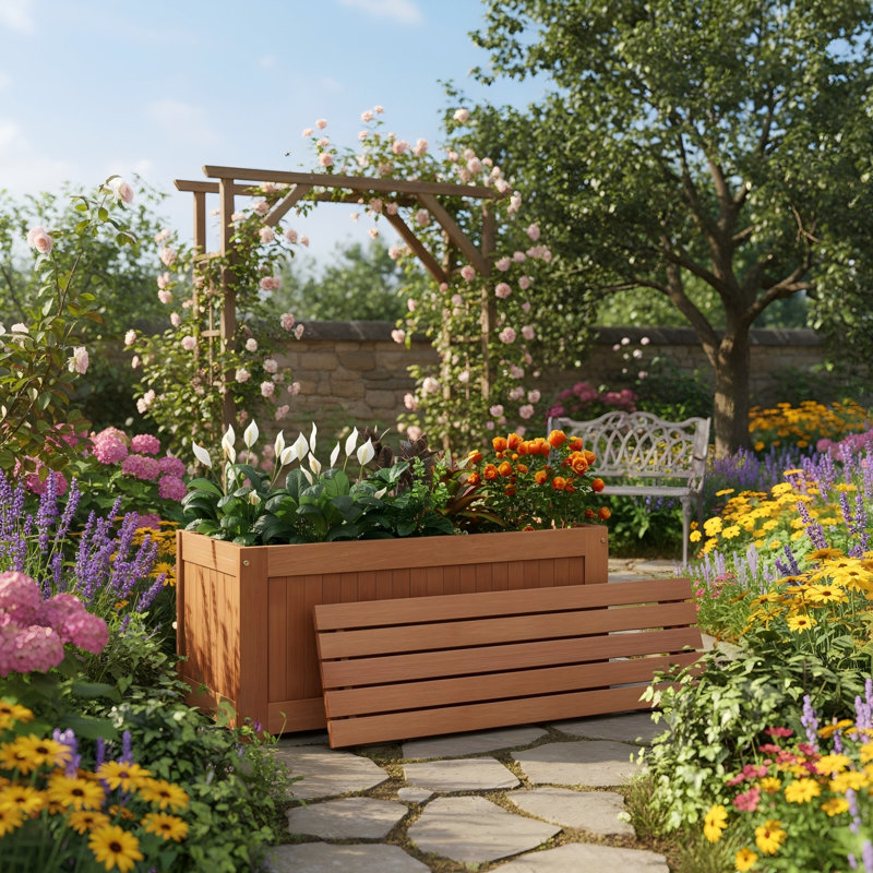 Boîte à fleurs d'extérieur avec siège, bac à plantes surélevé en bois franc Shorea