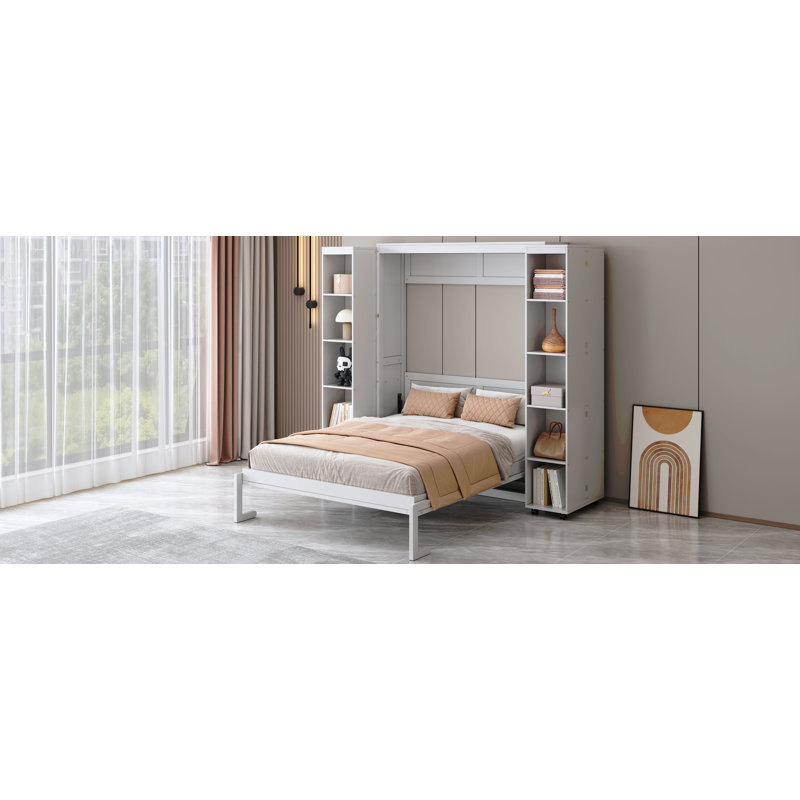 Grand lit escamotable mural avec portes de rangement, Blanc
