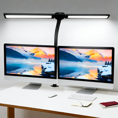 LED Desk Lamp with Clamp, Eye-Caring Architect Lamp,Double Head Computer Monitor Desk Lamp, Adjustable Flexible Gooseneck Light with 4 Color Modes & 5 Brightness Levels