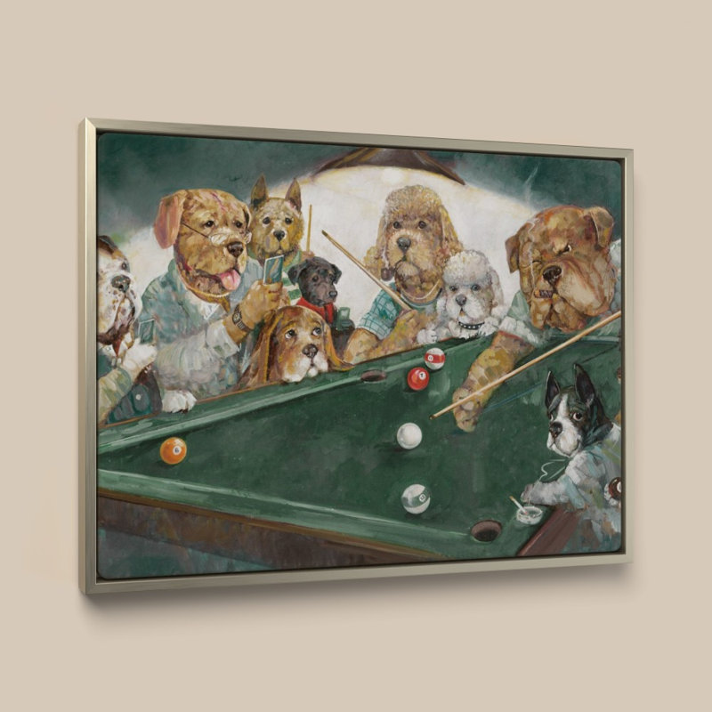 Chiens jouant au billard par Ruane Manning - Impression sur toile, H 18 po x l 24 po, Cadre plat flottant, Champagne