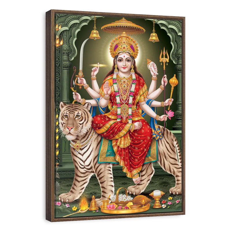 Durga sur un tigre, Floating Frame Walnut, 21 po x 31 po
