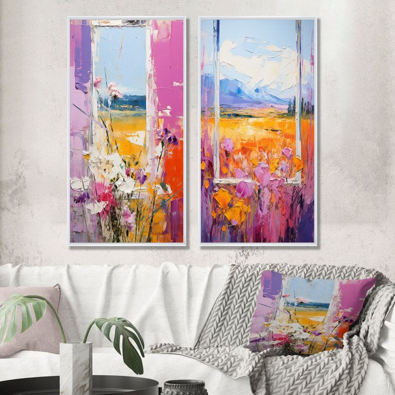Ensemble de 2 décorations murales roses et jaunes à motif floral Windows Breeze I, Cadre flottant blanc, H 32 po x l 33 po