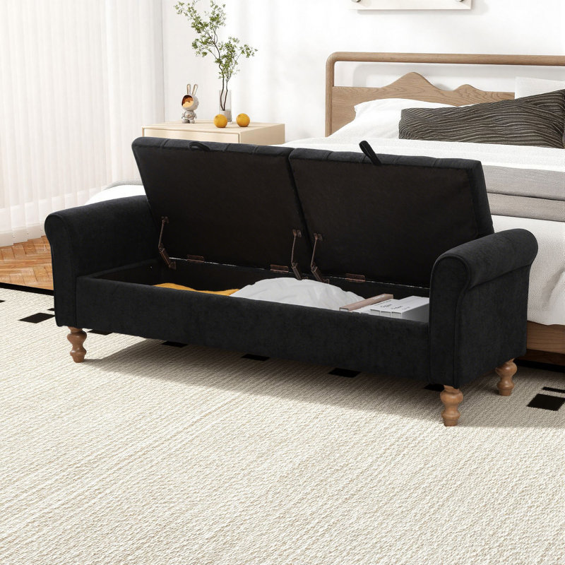 65.7" W Upholstered Tufted Storage Bench With Double Lids, Black