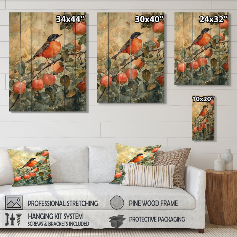 Robin Bird In The Orchard II - Bird Wood Wall Art - On Natural Pine Wood, 20" H x 10" W x 0.78" D