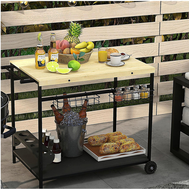 Outdoor bar cart, wheelbarrow-style patio rolling service cart with side handles, 2 baskets, 4 wine glass holders for gardens and restaurants, natural style