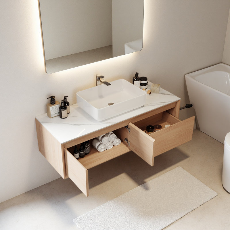 Ensemble de meuble-lavabo simple 48 po avec lavabo, plateau de table en pierre frittée lustrée et armoires en bois avec rangement