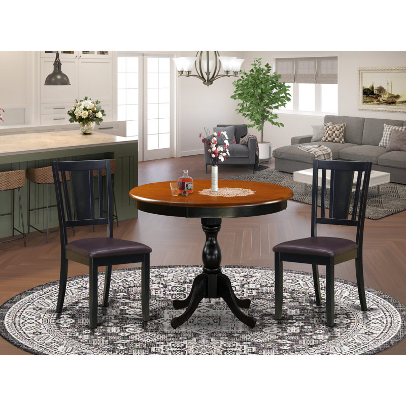 3-Pc Dining Room Table Set Contains a Mid Century Dining Table and 2 faux Leather Dining Chairs with Panel Back - Black Finish