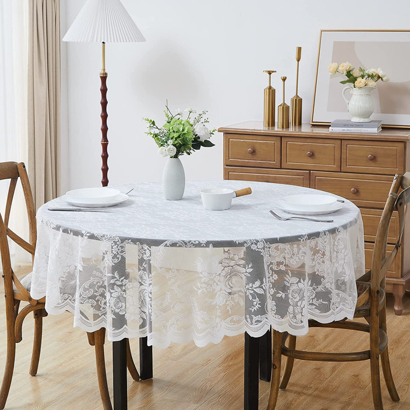 Lace Round Tablecloth With English Rose Design, 70" W x 70" L, White