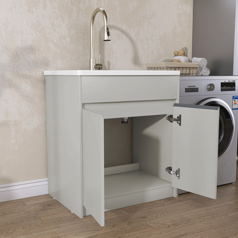Freestanding 30'' Light Grey Laundry Sink Cabinet with Hot & Cold Water Faucet Drop-in Solid Surface Utility Sink