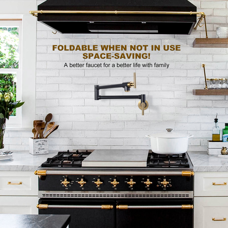 Commercial Wall Mount Brass Pot Filler Faucet with Double Joint Swing Arms, Matte Black/Gold