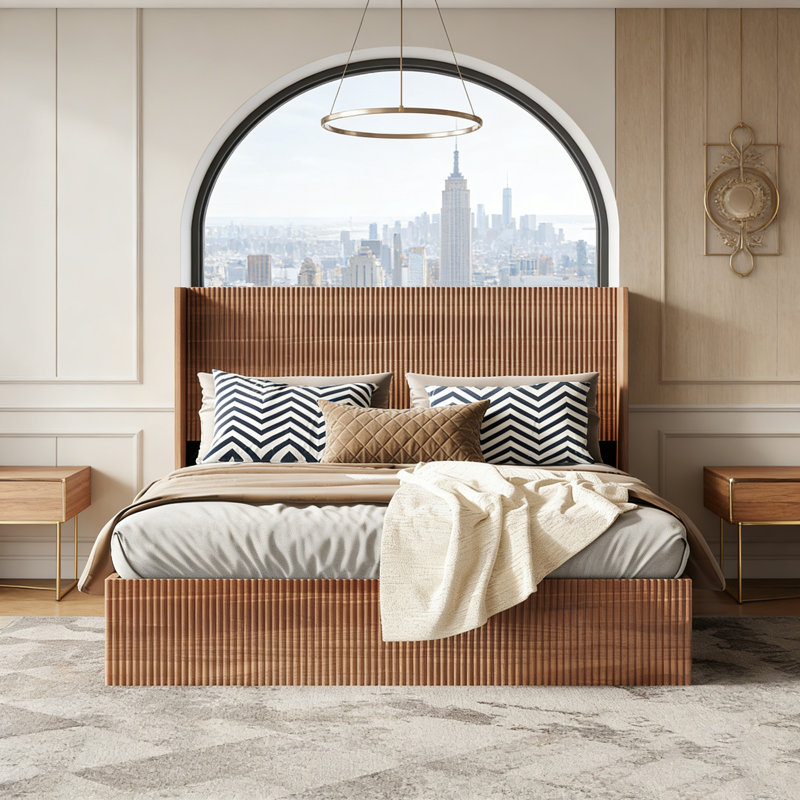 Grande base de lit avec rangement ondulé et ondulé, plateforme en bois avec élévateur silencieux, Grand lit, Bois naturel