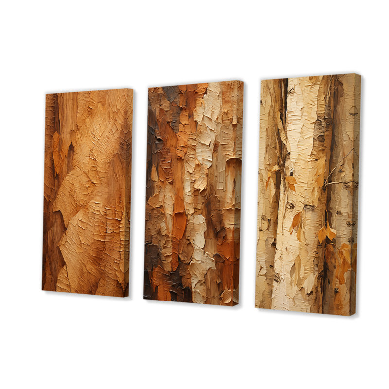 Brown Tree Bark Essence I - Ensemble de 3 décorations murales arbre, Toile tendue, H 32 po x l 48 po