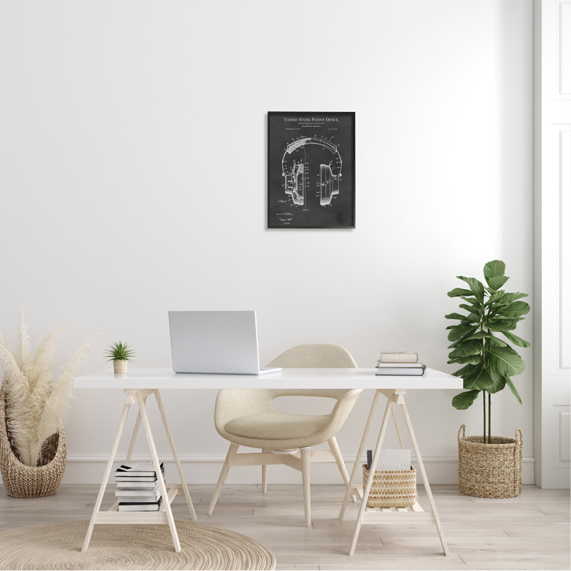 Schéma détaillé d'écouteurs de musique, L 24 po x H 24 po, Giclée encadrée noir minuit
