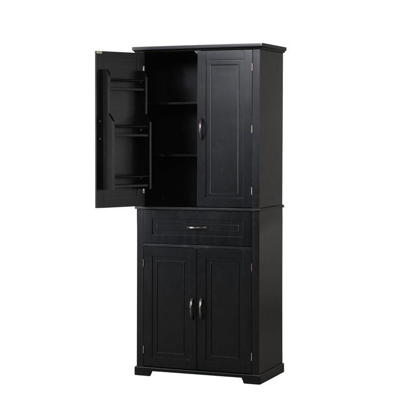 Rangement noir pour salle de bain - Tablette réglable, armoire basculante avec porte et compartiments de tiroir