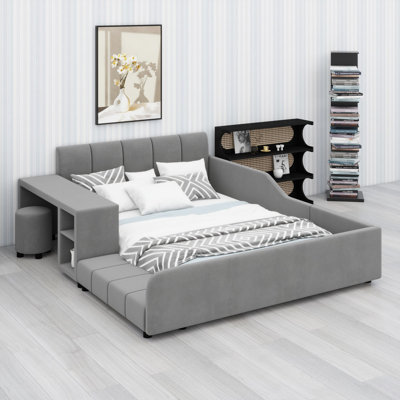 Upholstered Grounded Bed, Child Bed With Bedside Desk And Little Round Stool
