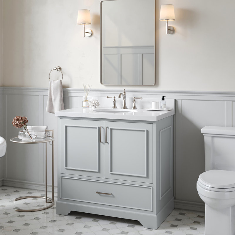 Meuble-lavabo simple avec plateau Abshire 37, Gris, Quartz blanc pur