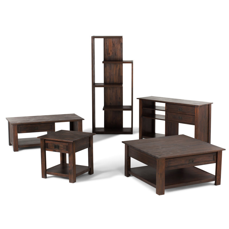 Table basse carrée rustique en bois d'acacia massif l 38 po avec 2 tiroirs et tablette ouverte Monroe, Brun charbon