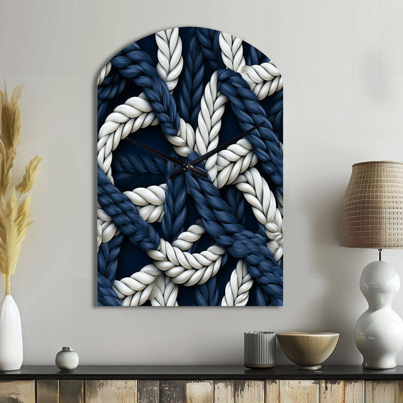 Motif de corde côtière blanc et bleu - horloge murale en métal avec arche côtière, Grand