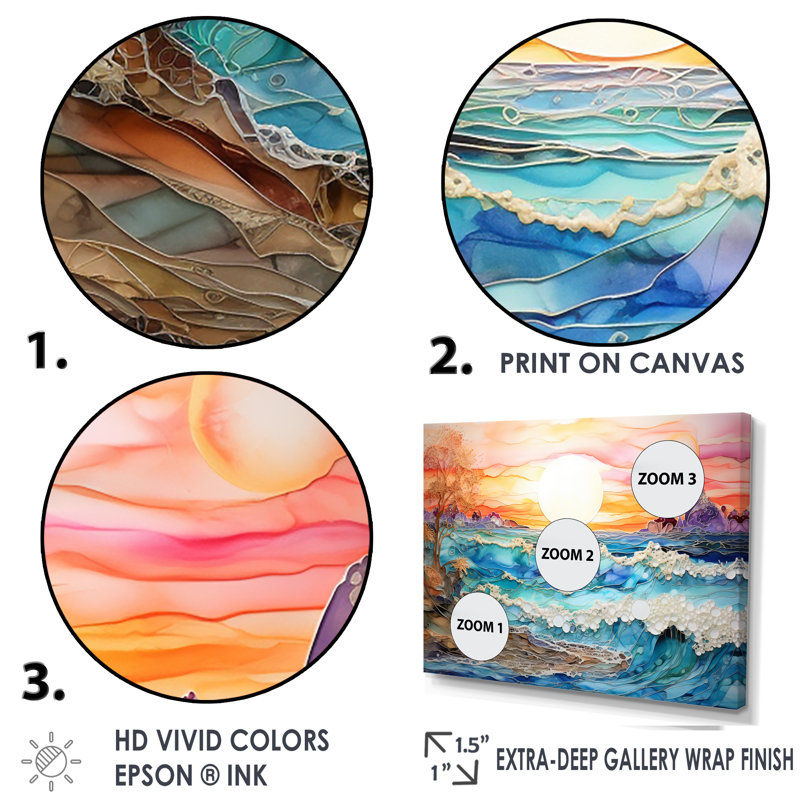 Rainbow Ocean Sunrise - art mural océan, H 12 po x l 20 po x P 1 po, Toile tendue