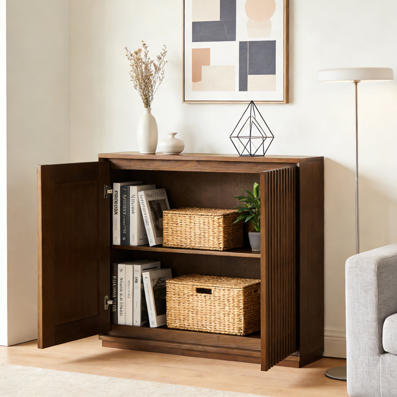 Mid Century Modern Walnut Fluted Hollow Sideboard Buffet Cabinet With 2 Outlet Holes, Storage For Living Room Kitchen