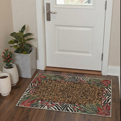 Alissa Aura Animal Print Floral Machine Washable Brown / Black / Green / Red Indoor Area Rug with Non-Slip Backing