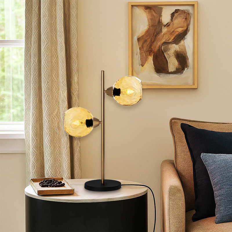 Lampe de table à culot en verre 2 lumières avec base en métal noir - Double lumière moderne, Rose, Noir et or