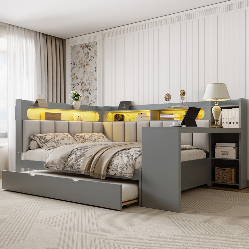 Full Size Daybed with Trundle, Storage Shelves, LED Lights, Charging Station, Desk and Upholstered Backrest, Gray