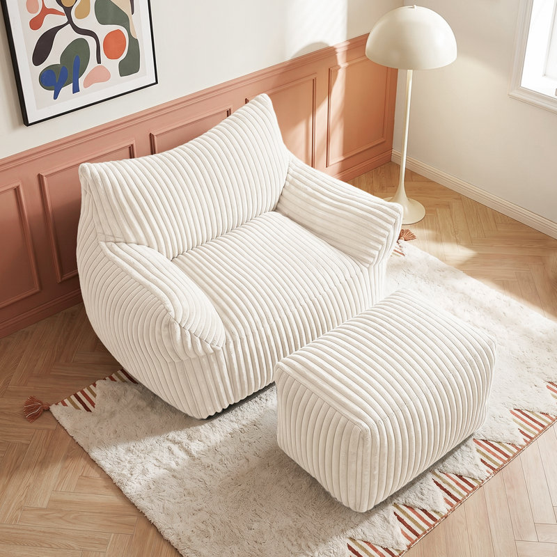 Compression Bean Bag Chair with Ottoman , Comfy Memory Foam Large Lazy Sofa, Beige Corduroy